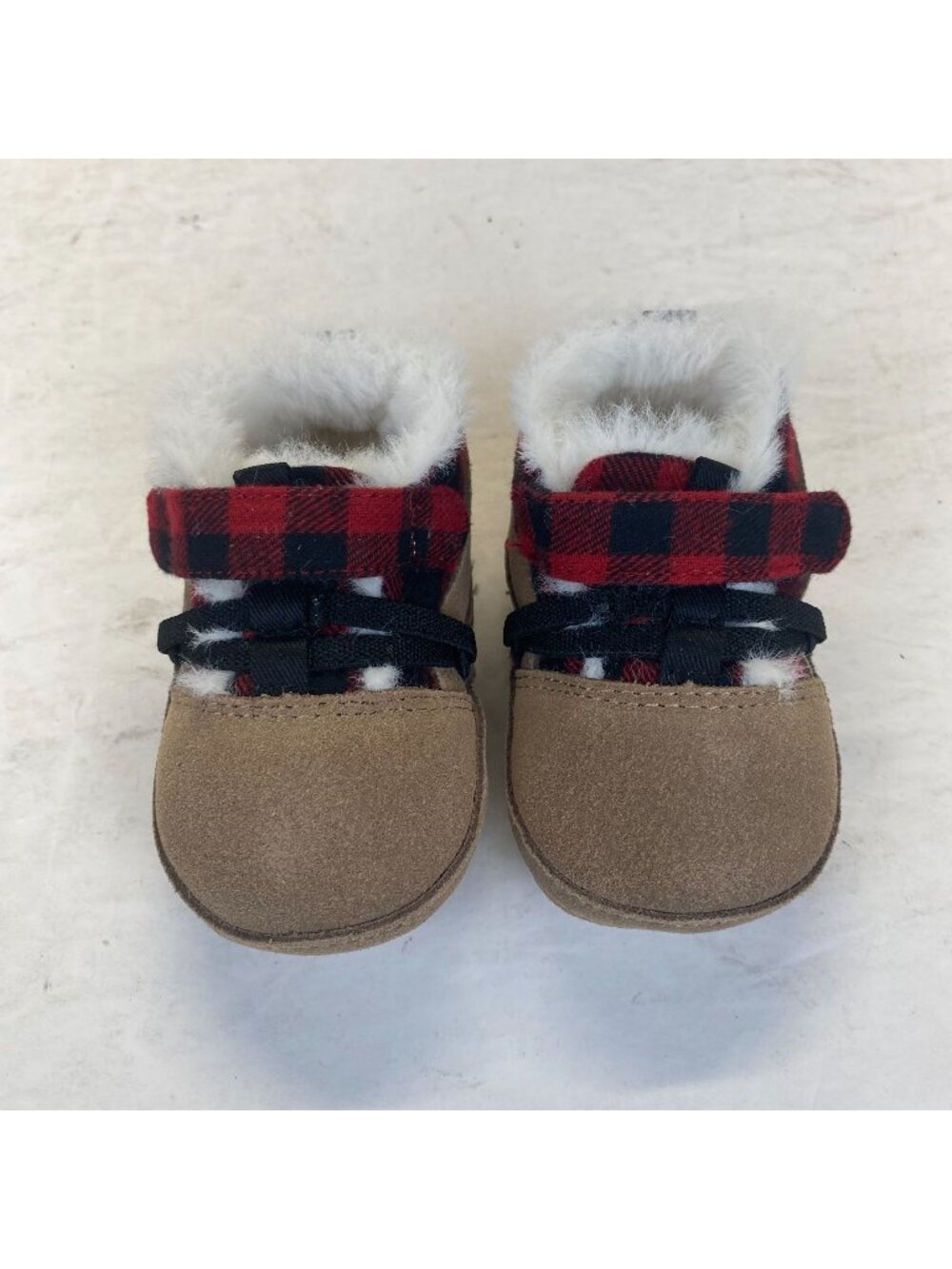 Robeez First Kicks Blake Buffalo Plaid Red Faux Fur Baby Boys Shoes 6-9‎ M,NEW